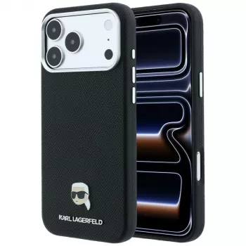 Husă MagSafe Karl Lagerfeld Grained Karl Head Metal pentru iPhone 18 Pro Max / 17 Pro Max, neagră