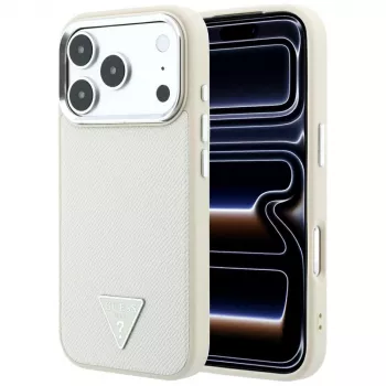 Husă MagSafe Guess Grained Triangle Logo pentru iPhone 18 Pro Max / 17 Pro Max, bej