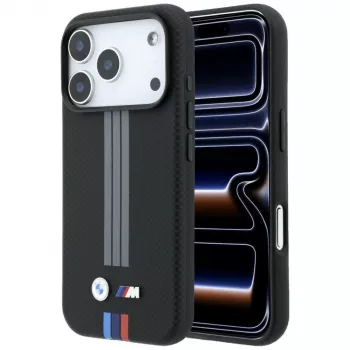 Husă MagSafe BMW M Quadrille Kevlar Anthracite & Tricolor Print Lines pentru iPhone 18 Pro Max / 17 Pro Max, neagră