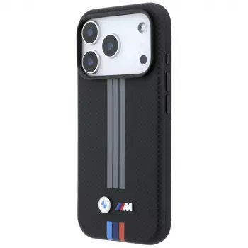 Husă MagSafe BMW M Quadrille Kevlar Anthracite & Tricolor Print Lines pentru iPhone 18 Pro Max / 17 Pro Max, neagră