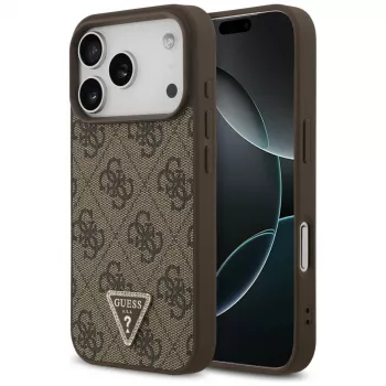 Husă MagSafe Guess Leather 4G Triangle Strass pentru iPhone 18 Pro / 17 Pro, maro