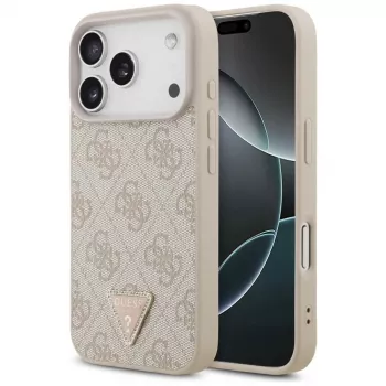 Husă MagSafe Guess Leather 4G Triangle Strass pentru iPhone 18 Pro / 17 Pro, roz