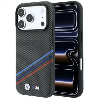 Husă MagSafe BMW M Quadrille Kevlar Print Tricolor Lines & Metal Logo pentru iPhone 18 Pro / 17 Pro, antracit