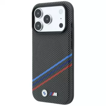 Husă MagSafe BMW M Quadrille Kevlar Print Tricolor Lines & Metal Logo pentru iPhone 18 Pro / 17 Pro, antracit