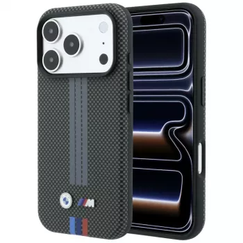 Husă MagSafe BMW M Quadrille Kevlar Tricolor Print Lines pentru iPhone 18 Pro / 17 Pro, antracit