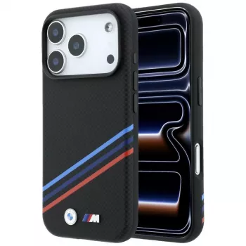 Husă MagSafe BMW M Quadrille Kevlar Print Tricolor Lines & Metal Logo pentru iPhone 18 Pro Max / 17 Pro Max, neagră