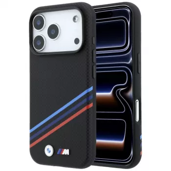 Husă MagSafe BMW M Quadrille Kevlar Print Tricolor Lines & Metal Logo pentru iPhone 18 Pro / 17 Pro, neagră