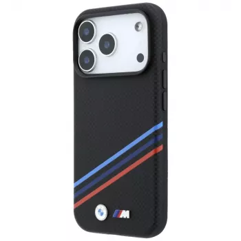 Husă MagSafe BMW M Quadrille Kevlar Print Tricolor Lines & Metal Logo pentru iPhone 18 Pro / 17 Pro, neagră