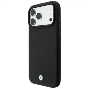 Husă MagSafe BMW Kevlar Metal Logo pentru iPhone 18 Pro / 17 Pro, neagră