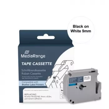 Casetă cu bandă de etichetat MediaRange pentru Brother M-K221BZ, 9 mm x 8 m, negru pe alb