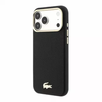 Husă MagSafe Lacoste Champs Elysees din piele PU pentru iPhone 18 Pro Max / 17 Pro Max, logo auriu, neagră-auriu