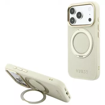 Husă Guess GUE005667 Ring Stand 360 Grained Classic Logo MagSafe pentru iPhone 18 Pro / 17 Pro, bej