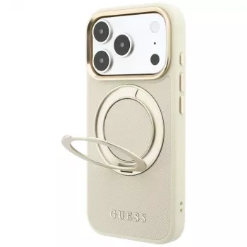 Husă Guess GUE005667 Ring Stand 360 Grained Classic Logo MagSafe pentru iPhone 18 Pro / 17 Pro, bej