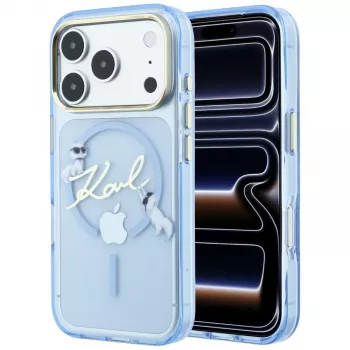 Husă Karl Lagerfeld Script Logo MagSafe pentru iPhone 18 Pro / 17 Pro, albastru deschis
