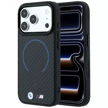 Husă smartphone BMW M Kevlar Blue Print Ring MetalLogo MagSafe pentru iPhone 18 Pro Max / 17 Pro Max, neagră