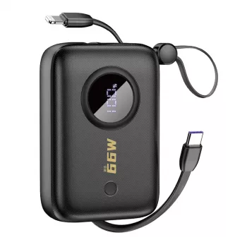 Power bank Dudao DDA344, 10000 mAh, PD 22,5 W, cu cablu integrat, negru