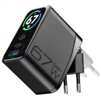 Încărcător rapid multiport Cellularline TFT Multiport Charger 67 W, GaN, 2 x USB-C, 1 x USB-A