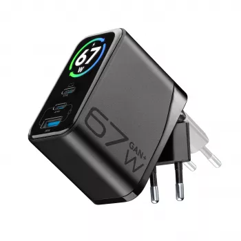 Încărcător rapid multiport Cellularline TFT Multiport Charger 67 W, GaN, 2 x USB-C, 1 x USB-A
