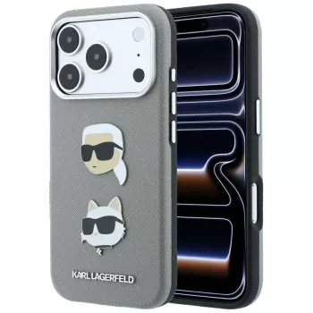 Husă Karl Lagerfeld Saffiano cu Karl & Choupette Heads Pins & Logo pentru iPhone 18 Pro Max / 17 Pro Max, gri