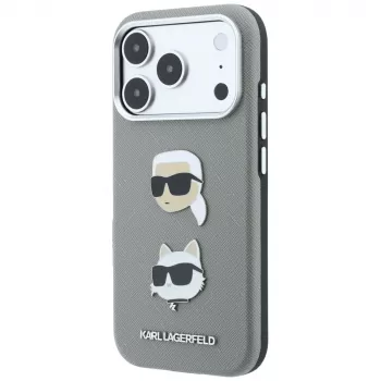 Husă Karl Lagerfeld Saffiano cu Karl & Choupette Heads Pins & Logo pentru iPhone 18 Pro Max / 17 Pro Max, gri