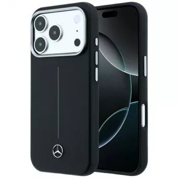 Husă MagSafe Mercedes Leather Semi Wrap Iconic Line pentru iPhone 18 Pro / 17 Pro, neagră