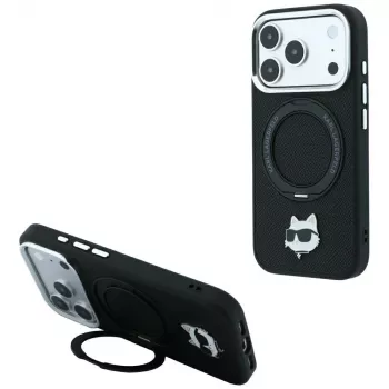 Husă de smartphone MagSafe Karl Lagerfeld with Ring Stand 360 Choupette Head Pin, neagră, pentru iPhone 18 Pro / 17 Pro