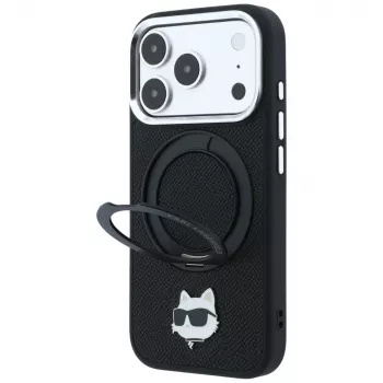 Husă de smartphone MagSafe Karl Lagerfeld with Ring Stand 360 Choupette Head Pin, neagră, pentru iPhone 18 Pro / 17 Pro