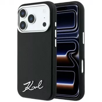 Husă smartphone MagSafe Karl Lagerfeld Saffiano Small Script Metal Logo pentru iPhone 18 Pro / 17 Pro, neagră