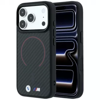 Husă MagSafe BMW BMW001265 M Kevlar Red Print Ring Metal Logo pentru iPhone 18 Pro / 17 Pro, neagră