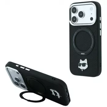 Husă MagSafe Karl Lagerfeld KF003216 Ring Stand 360 Choupette Head Pin pentru iPhone 18 Pro Max / 17 Pro Max, neagră