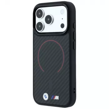 Husă MagSafe BMW M Kevlar Red Print Ring Metal Logo pentru iPhone 18 Pro Max / 17 Pro Max, neagră