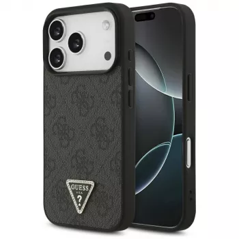 Husă MagSafe Guess Leather 4G Triangle Strass pentru iPhone 18 Pro / 17 Pro, neagră
