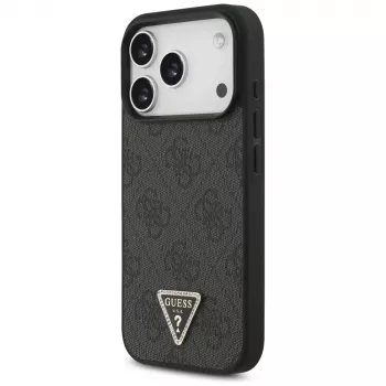 Husă MagSafe Guess Leather 4G Triangle Strass pentru iPhone 18 Pro / 17 Pro, neagră