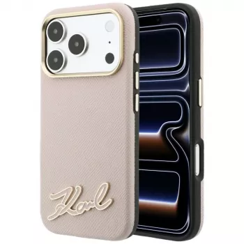 Husă Karl Lagerfeld Grained with Resin Signature Logo cu MagSafe pentru iPhone 18 Pro Max / 17 Pro Max, roz