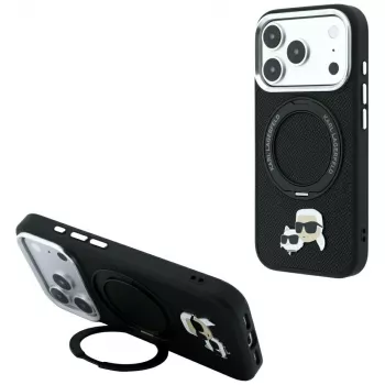 Husă Karl Lagerfeld Ring Stand 360 Karl & Choupette Heads Pin, MagSafe, pentru iPhone 18 Pro / 17 Pro, neagră