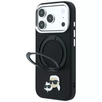 Husă Karl Lagerfeld Ring Stand 360 Karl & Choupette Heads Pin, MagSafe, pentru iPhone 18 Pro / 17 Pro, neagră