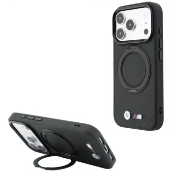 Husă MagSafe BMW Kevlar Ring Stand 360 pentru iPhone 18 Pro / 17 Pro, neagră