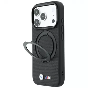 Husă MagSafe BMW Kevlar Ring Stand 360 pentru iPhone 18 Pro / 17 Pro, neagră