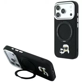 Husă MagSafe Karl Lagerfeld Ring Stand 360 Karl & Choupette Heads Pin pentru iPhone 18 Pro Max / 17 Pro Max, neagră