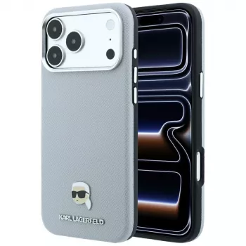 Husă MagSafe Karl Lagerfeld Grained Karl Head Metal pentru iPhone 18 Pro Max / 17 Pro Max, gri