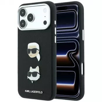 Husă Karl Lagerfeld KF003250 pentru iPhone 18 Pro Max / 17 Pro Max, Saffiano cu ace și logo Karl & Choupette Heads, neagră