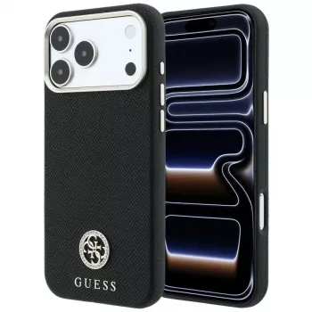Husă MagSafe Guess GUE005533 Grained Round Strass Logo pentru iPhone 18 Pro / 17 Pro, neagră