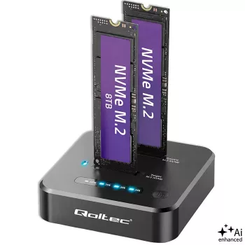 Stație de andocare Qoltec 52633 pentru SSD M.2 NVMe dual, PCIe, 2 x 8 TB, USB-C 3.2, 10 Gb/s, clonare offline