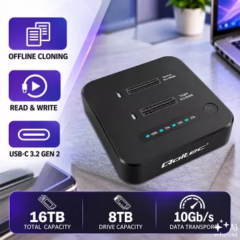 Stație de andocare Qoltec 52633 pentru SSD M.2 NVMe dual, PCIe, 2 x 8 TB, USB-C 3.2, 10 Gb/s, clonare offline