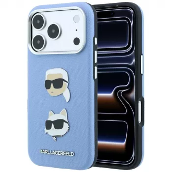 Husă Karl Lagerfeld KF003247 Saffiano cu Karl & Choupette Heads Pins & Logo pentru iPhone 18 Pro / 17 Pro, albastru deschis