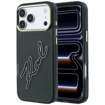 Husă Karl Lagerfeld KF003382 IML Big Signature Resin Metal Frame pentru iPhone 18 Pro Max / 17 Pro Max, neagră