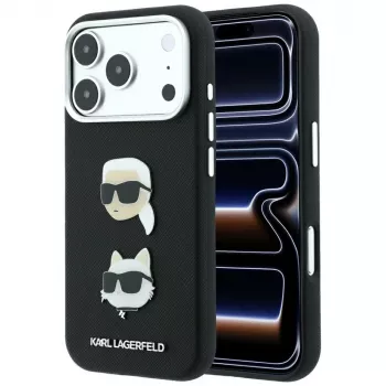 Husă Karl Lagerfeld KF003249 Saffiano cu ace și logo Karl & Choupette Heads pentru iPhone 18 Pro / 17 Pro, neagră