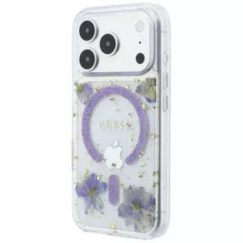 Husă MagSafe Guess GUE005781 Resin Flowers Glitter pentru iPhone 18 Pro / 17 Pro, violet