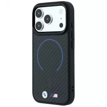 Husă MagSafe BMW M Kevlar Blue Print Ring MetalLogo pentru iPhone 18 Pro / 17 Pro, neagră