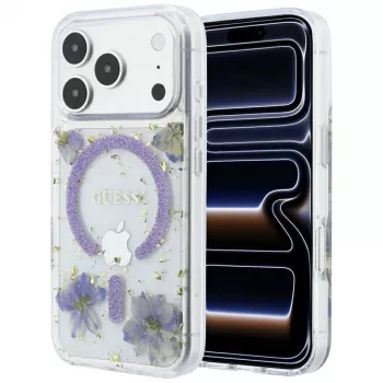 Husă MagSafe Guess Resin Flowers Glitter pentru iPhone 18 Pro Max / 17 Pro Max, violet